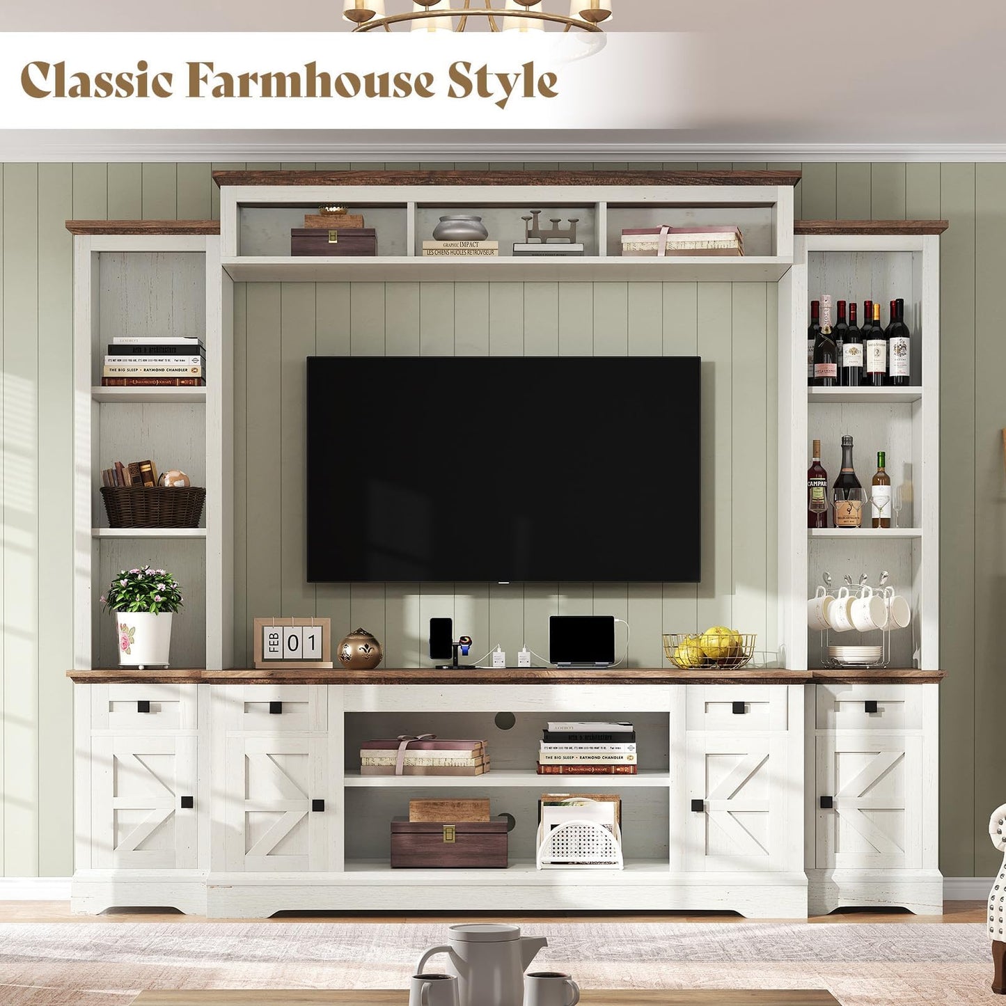 AMERLIFE 98" Farmhouse Wall Unit Entertainment Center with Bookshelves, Wine Cabinet, Fits 75" TVs, Rustic Media Console for Living Room, Large TV Stand with Power Outlets & Barn Door, Off-White