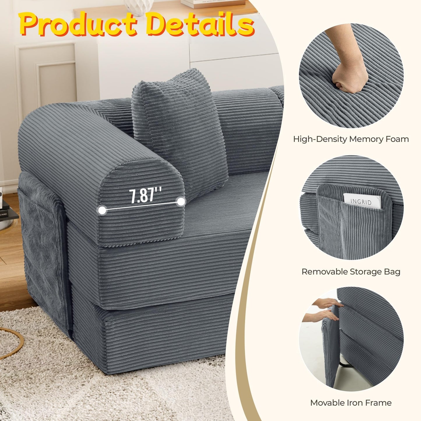 Topcomfy 106.3" Modular Sectional Sleeper Sofa with Metal Frame Support, Convertible 4-Seater L-Shaped Cloud Couch for Living Room, Corduroy Memory Foam Pit Sofa, Gray