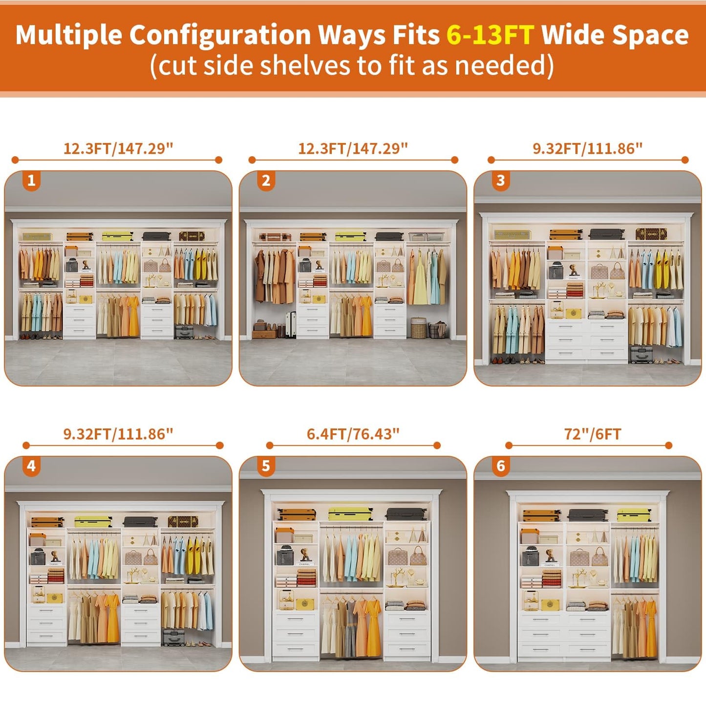 Closet System with 6 Drawers, 6-13FT Closet Organizer System Wood with 8 Shelves & 6 Expandable Hanging Rods, Closet Systems Kit for Walk in Closets, Modular Closet Organizer Systems, 2 Sets,White