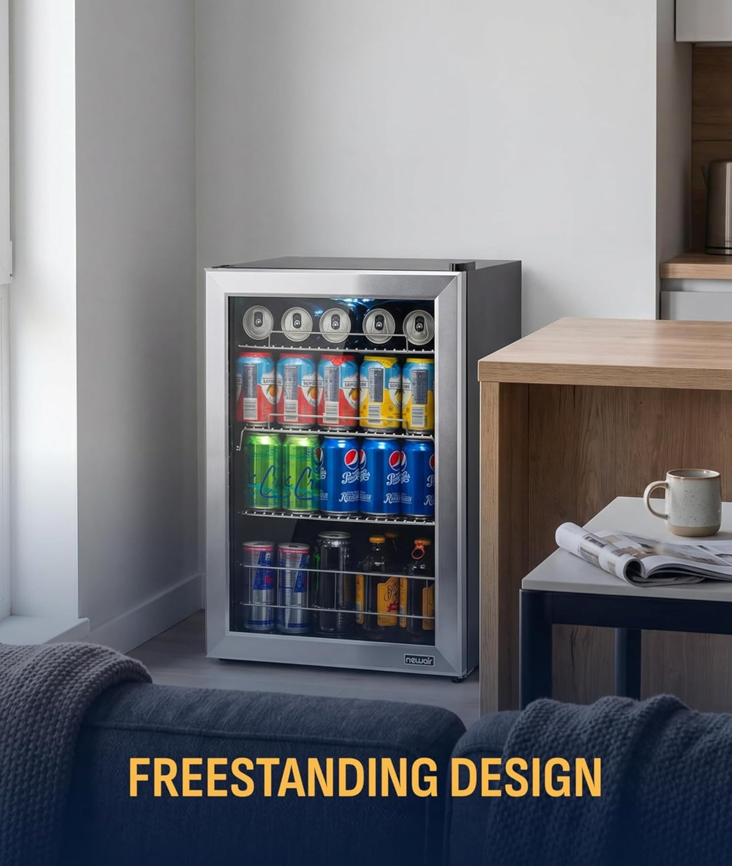 NewAir 90 Can Beverage Refrigerator | 17” Freestanding Small Mini Fridge for Bedroom, Home Bar or Office | Quiet Compressor Cooling & Adjustable Shelves | Stainless Steel