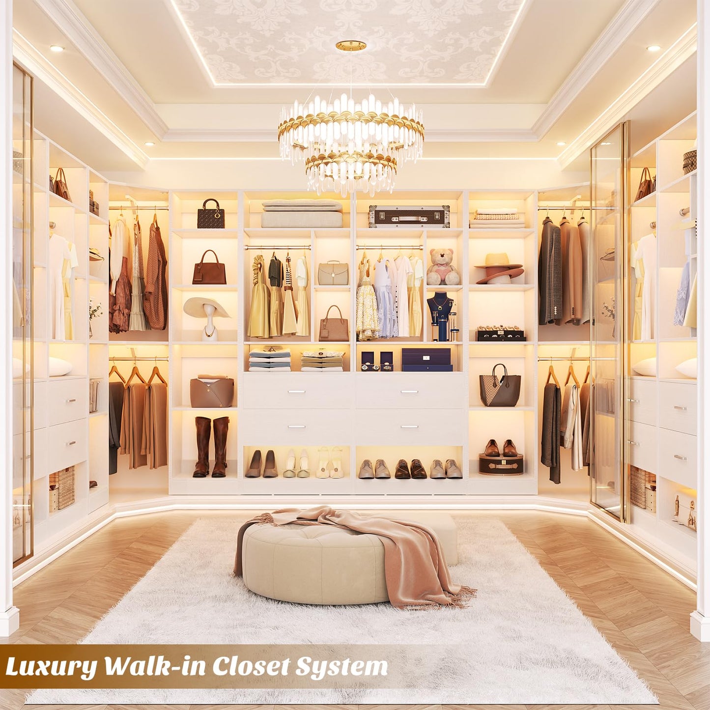 Besiost Corner Closet System with 2 Sets, 63.2" Corner Closet Organizer System with 2 Drawers + 18 Shelves + 3 Hanging Rods, Reversible L Shaped Walk-in Closets, White (63.2" L x 39.2" W x 80" H)