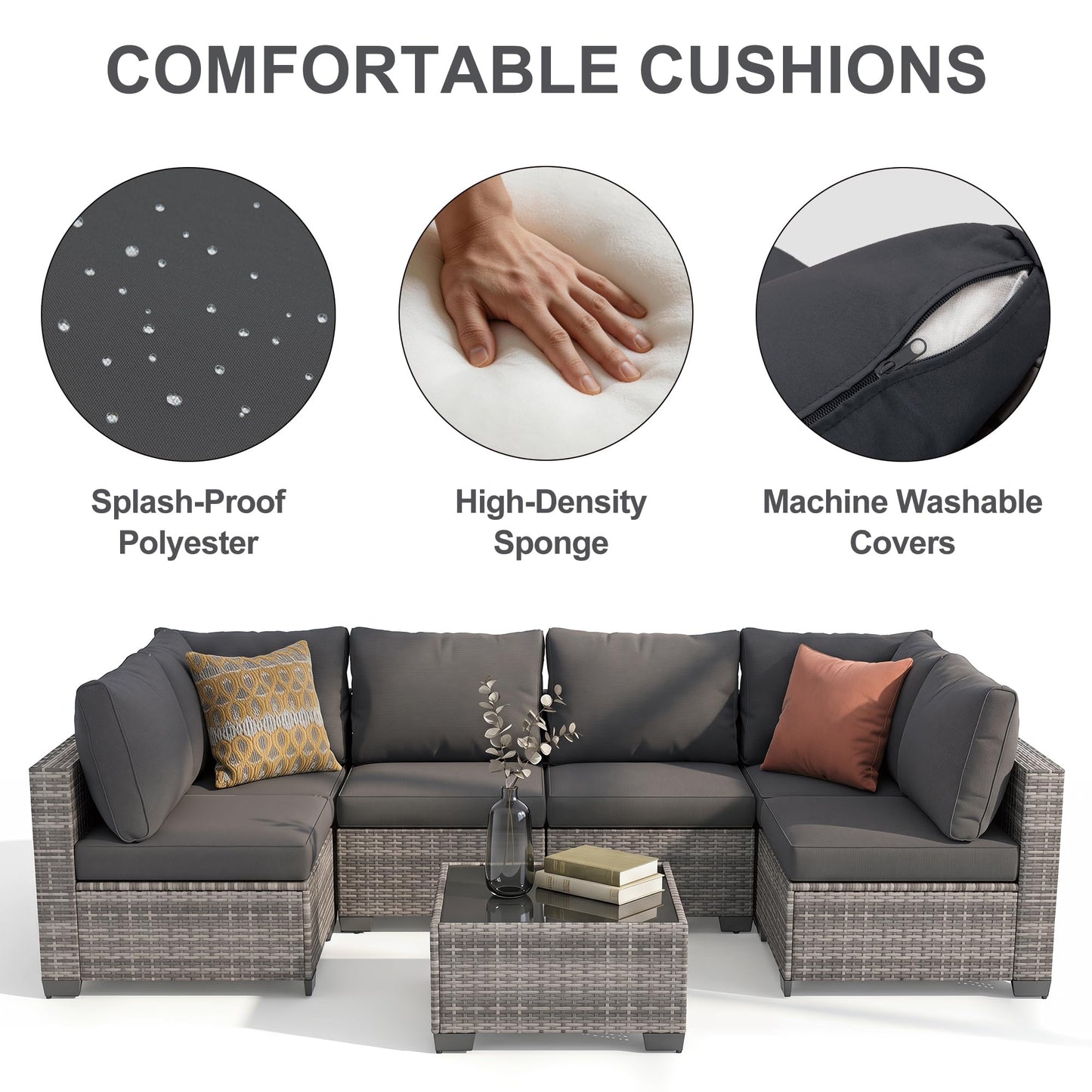 Kamsly 7 Piece Outdoor Patio Furniture Sets, Modular Wicker Sectional Sofa, Patio Conversation Sets with Glass Coffee Table for Backyard, Porch, Garden, Poolside (Grey PE Rattan + Dark Grey Cushions)
