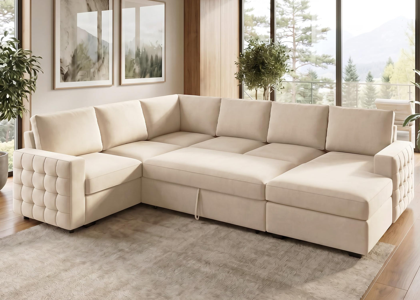 HONBAY Sectional Sleeper Sofa with Pull-Out Bed Storage Chaise, 6 Seaters Couch for Living Room, Beige