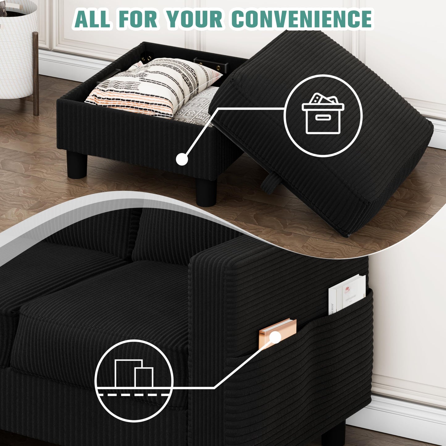 SUNLEI Convertible Sectional Couch Sofa for Small Spaces, L Shaped Modular Sofa with Removable Ottoman Storage, 3 Seat Modern Small Couches for Living Room in Apartment, Jet Black