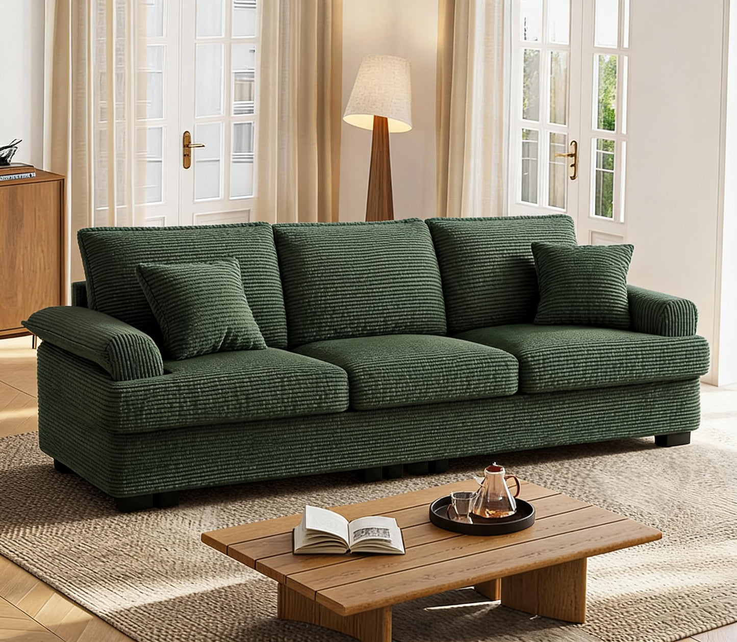Garvee Modern 86" Corduroy Sofa - Deep Seat Couch with Removable Cover & 2 Throw Pillows, Comfy Upholstered Cushion Sofa for Small Space Apartment & Lounge, Green