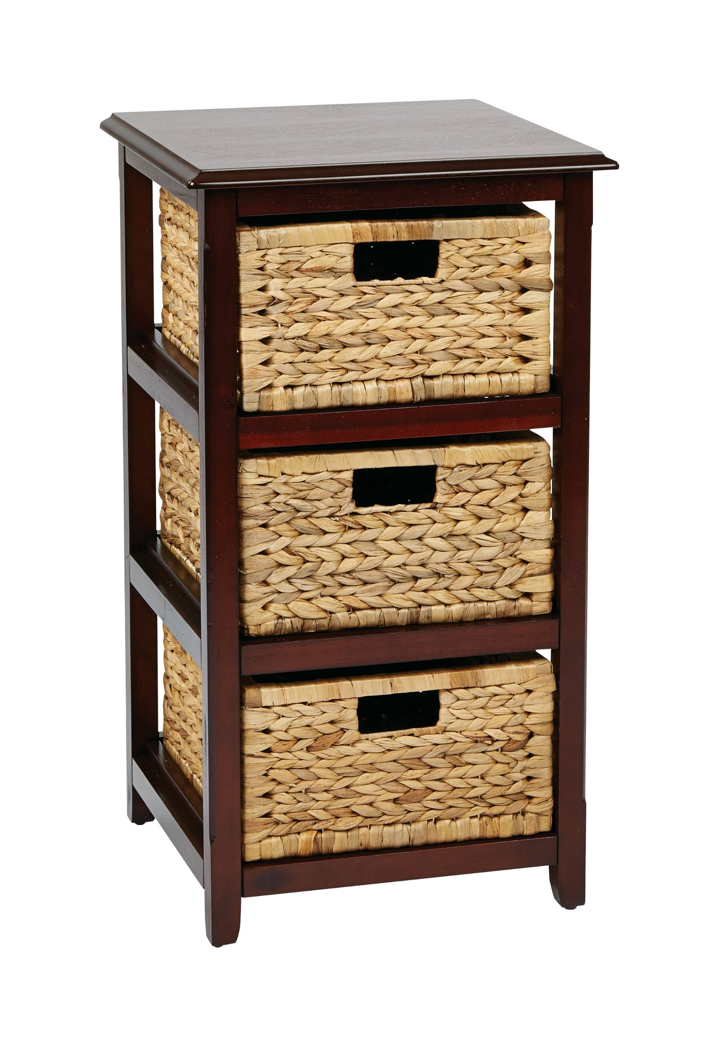 OSP Home Furnishings Seabrook Storage Tower with Solid Wood Frame and Natural Baskets, 3-Drawer, Espresso Finish