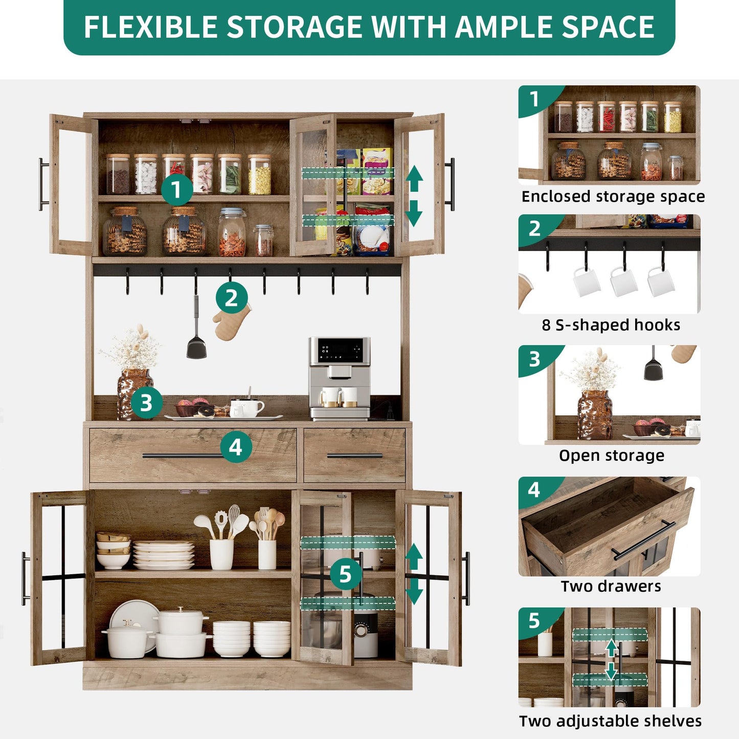 YITAHOME 71" Tall Kitchen Pantry Cabinet with Microwave Stand & Built-in Power Outlet, Buffet Cupboard with Acrylic Doors, Drawers and 8 Hanging Hooks for Kitchen, Dining Room, Living Room, Grey Oak