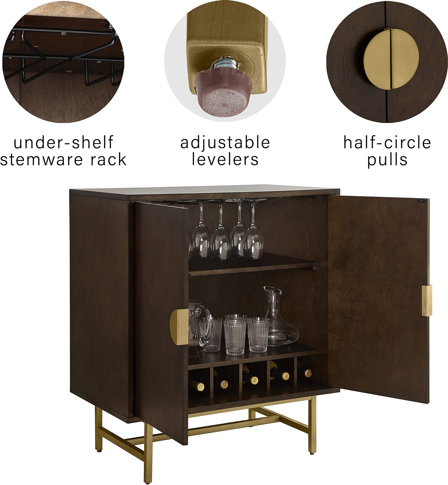 Crosley Furniture Blair Bar Cabinet with Storage Shelves and Wine Rack, Dark Brown/Gold