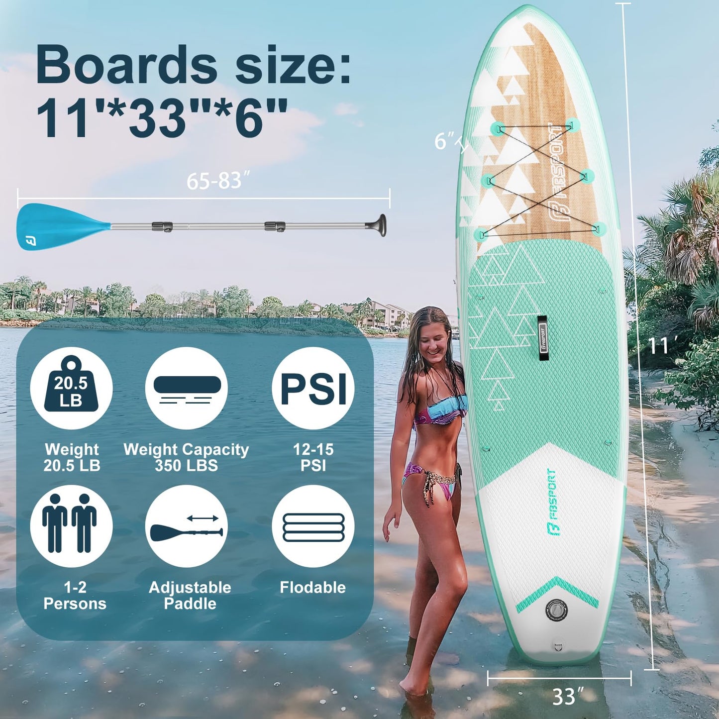 FBSPORT 11' Premium Stand Up Paddle Board, Yoga Board with SUP Accessories & Carry Bag | Wide Stance, Surf Control, Non-Slip Deck, Leash, Paddle and Pump for Youth & Adult (Light Brown)