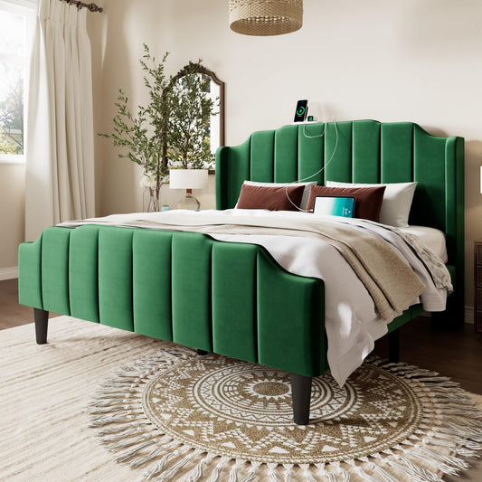 Allewie Vintage Queen Size Velvet Platform Bed Frame with Curved Vertical Tufted Wingback Headboard and Footboard, Charging Station, Easy Assembly, Under Bed Storage, No Box Spring Required, Green