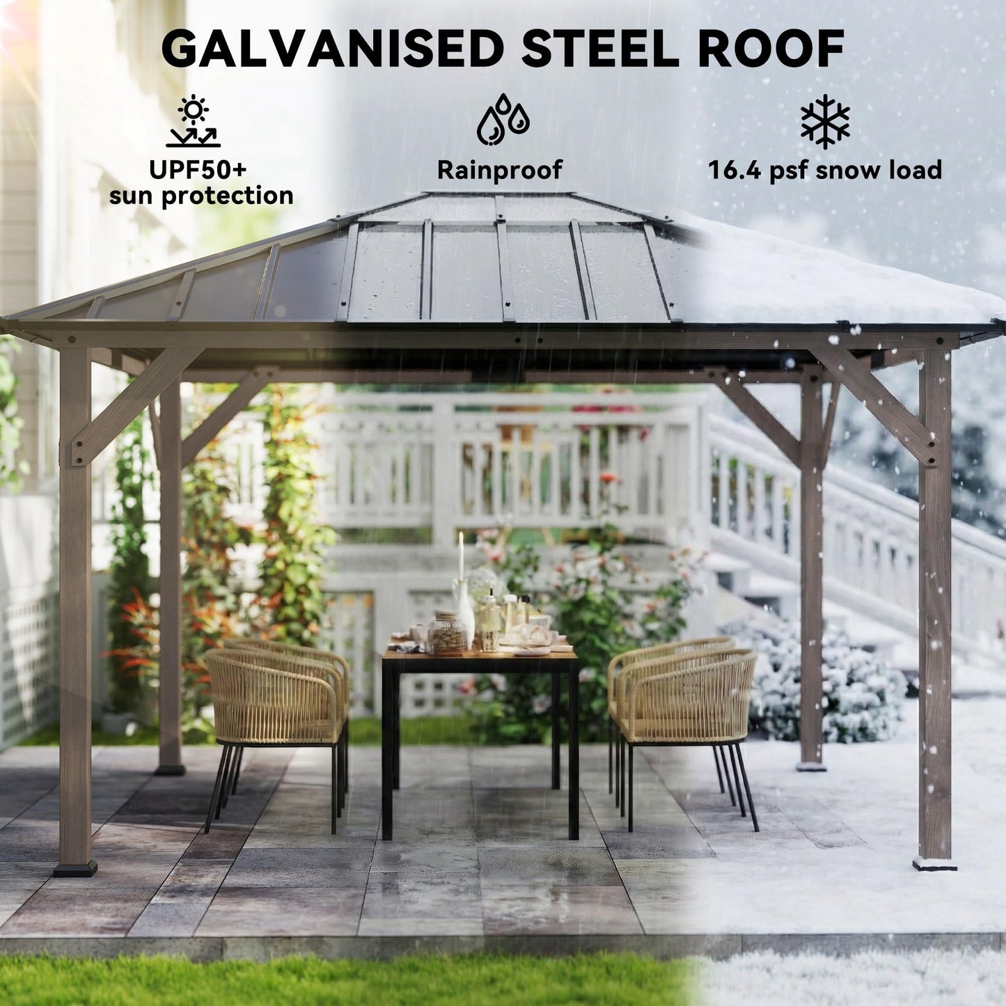 Outsunny 10' x 12' Hardtop Gazebo with Galvanized Steel Roof, Wood Permanent Pavilion Canopy Shelter with Clear Roof Top, UPF50+ Protection, Ceiling Hooks for Lawn, Backyard, Deck, Light Walnut