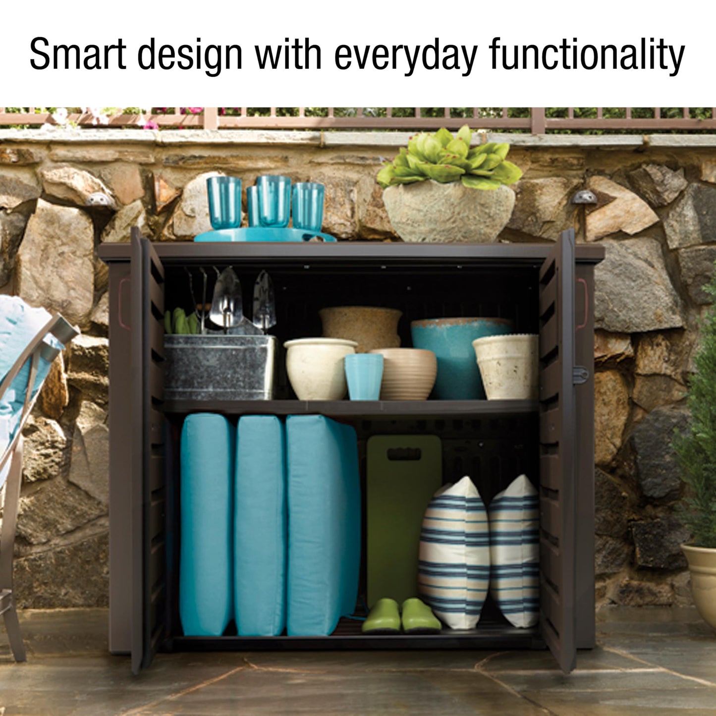 Rubbermaid Decorative Outdoor Storage Cabinet (123 Gal), Weather Resistant, Brown, Organization for Home/Backyard/Pool Chemicals/Toys/Garden Tools/Porch/Patio Cushions