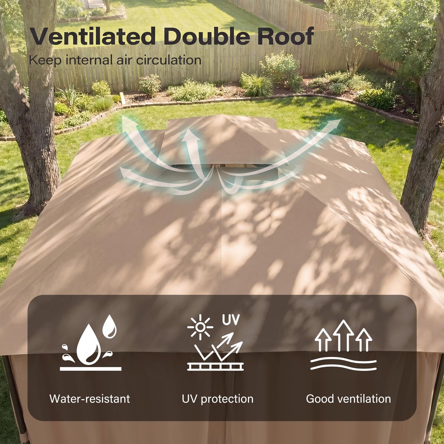 EO Living 10' x 10' Outdoor Arc Gazebo, Double-Tier Roof Party Shelter Tent with Curtains, Expansion Bolts & Wind-Resistant Ropes for Backyard, Garden, Patio, Lawn – Khaki