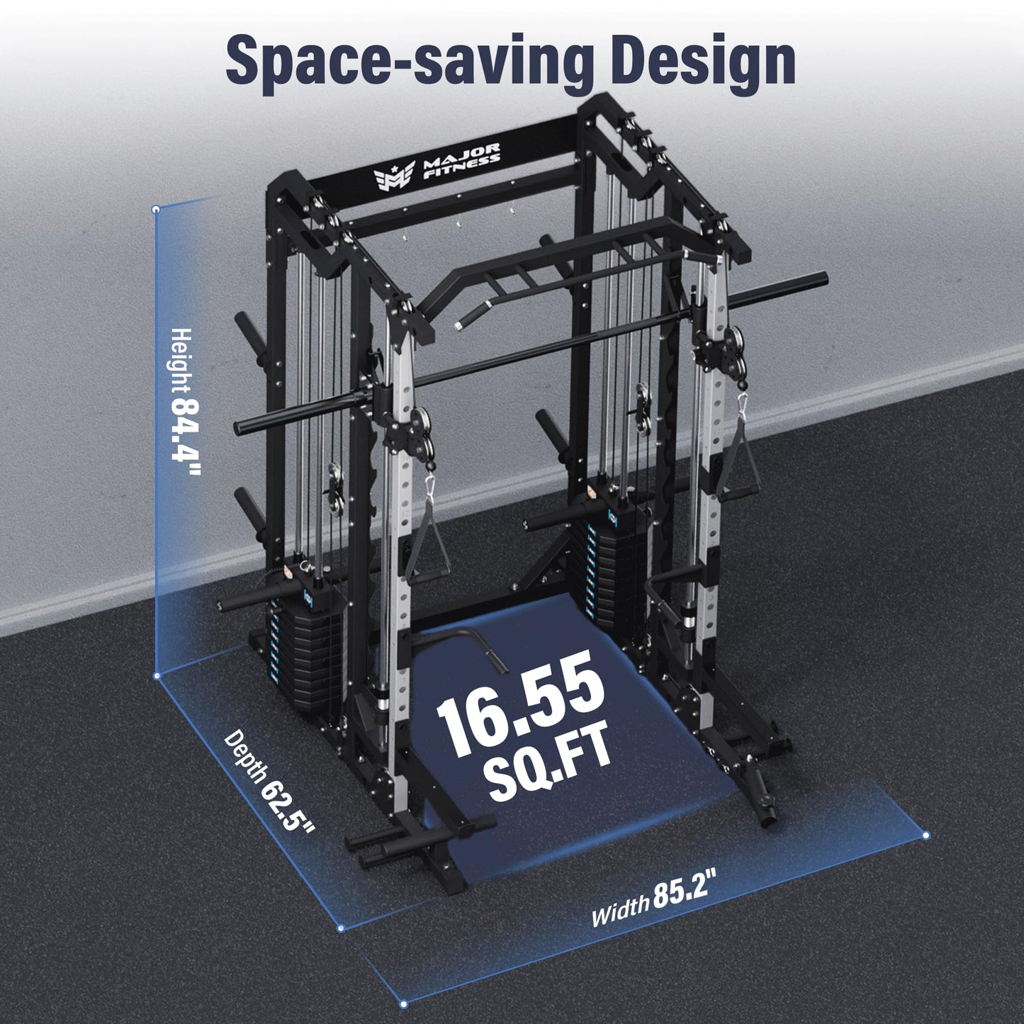 Major Fitness Drone2 Premium Smith△ Machine, All-in-One Home Gym Squat Rack with Aluminum Pulley Set, Weight Bar (BK D2AW Package(with Black Bench+230lb))
