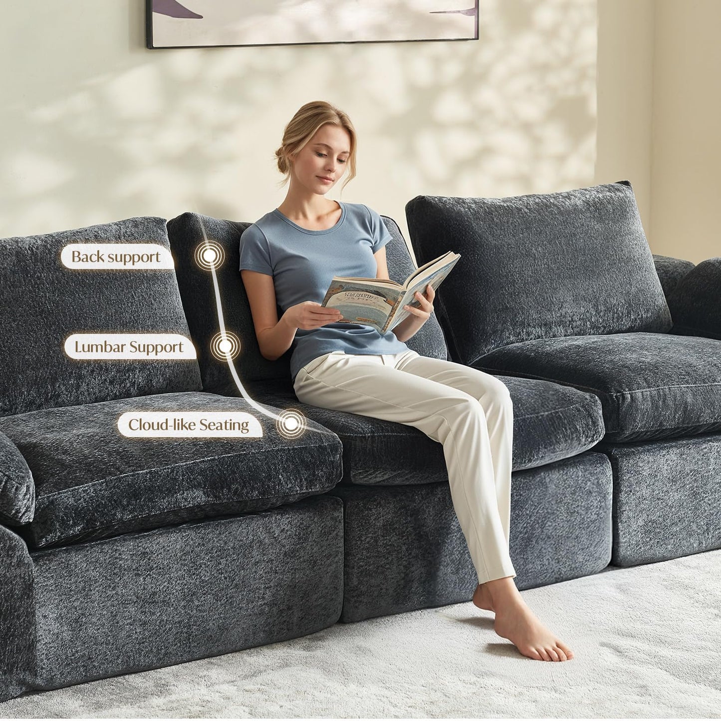Vamcheer U Shaped Cloud Couch - Utra Soft Modular Sectional Sofa with 2 Movable Ottoman, Deep Seat Boneless Couches for Living Room, Bedroom, Office, No Assembly Required, Grey