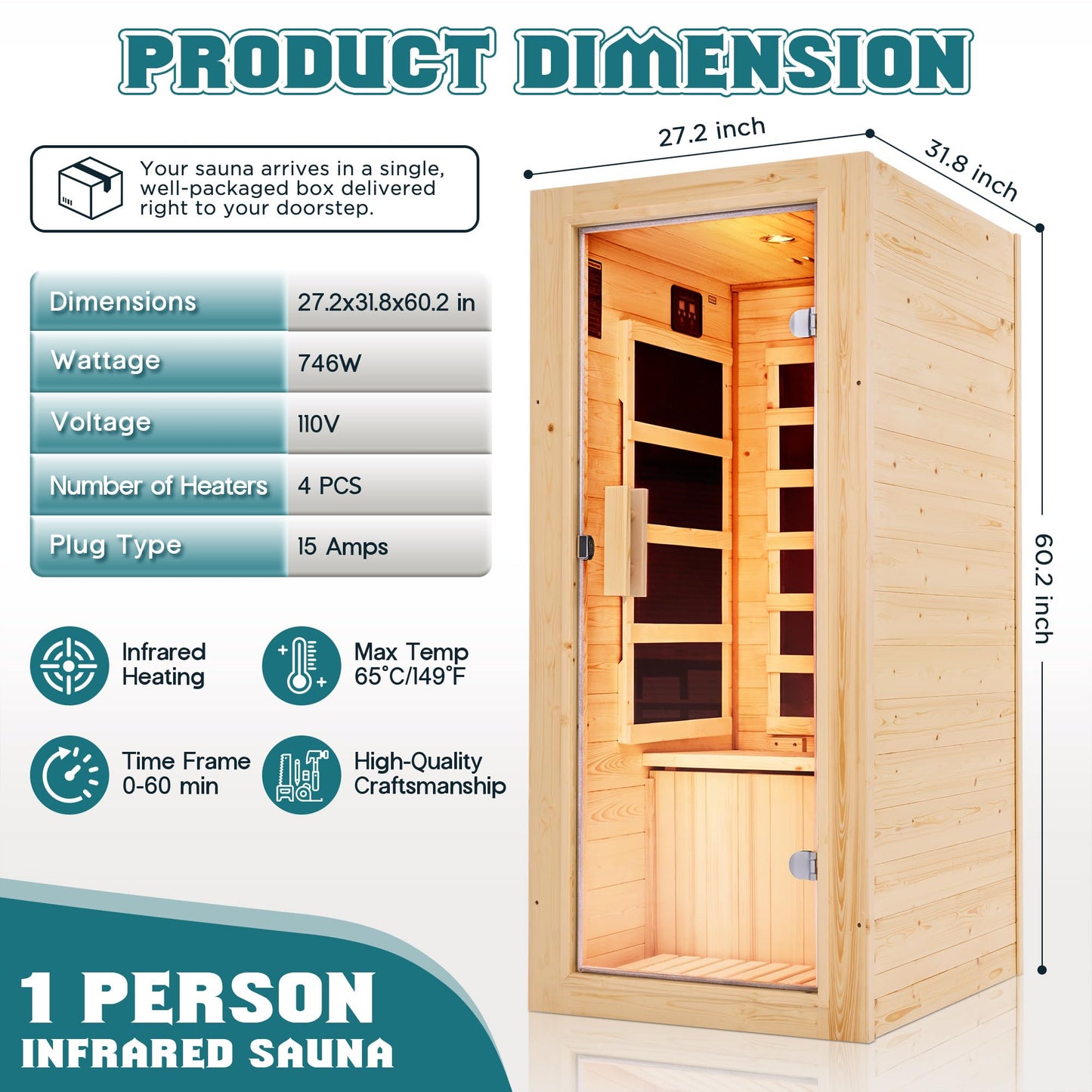 Albott Infrared Sauna 1 Person, Infrared Saunas for Home, 110V Spruce Wood Dry Sauna with Foot Warmer, Easy Assembly – Compact Indoor Spa, 149℉ Heating, LED Light, 27.2"x31.8"x60.2"