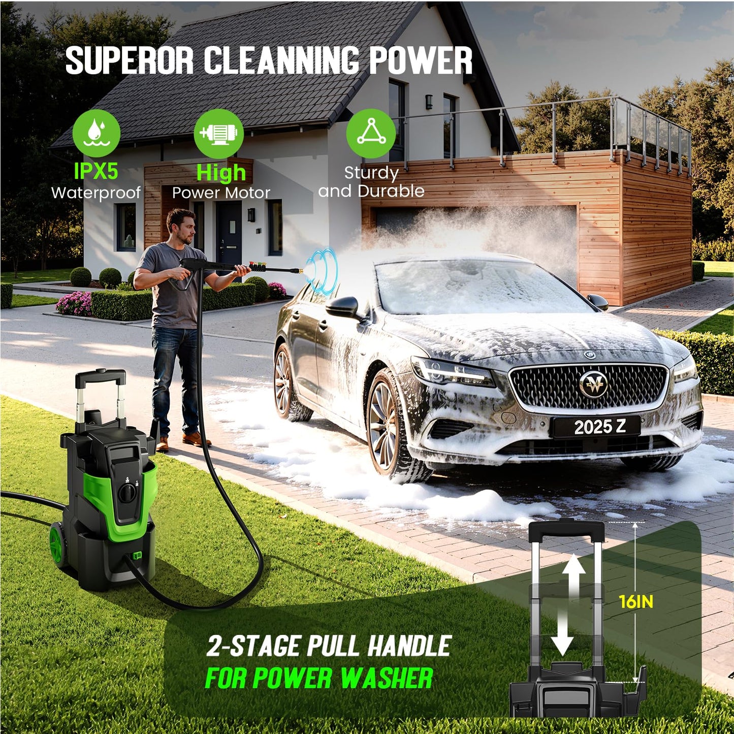 5000PSI Heavy Duty Pressure Washer, 3-Speed Adjustable Power Washer with 2-Stage Pull Rod, 4 Nozzles, Foam Cannon & 500ml Soap Bottle for Car, Home & Outdoor Cleaning,Green
