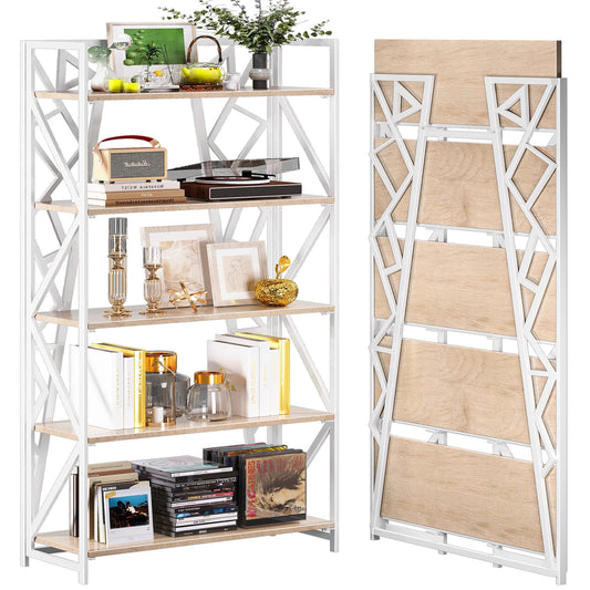 UDD No Assembly Wide Folding Bookshelf, 64.3" H x 30.9" W, 5 Tier Foldable Book Shelf Industrial Bookcase, Vintage Collapsible Storage Shelves for Home Office Living Room Bedroom, Light Oak White