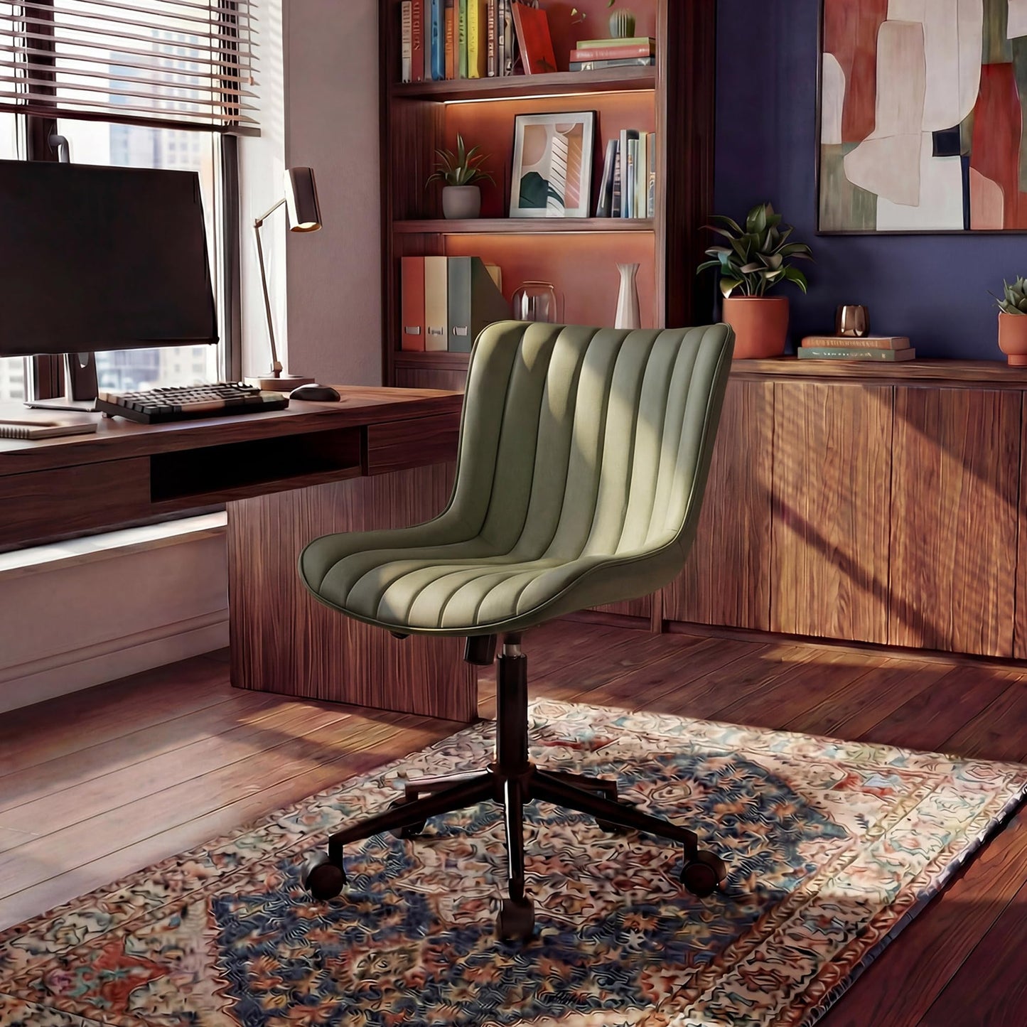 Kidol & Shellder Olive Green Office Desk Chair with Wheels Leather Modern Armless Swivel Vanity Chair with Comfy Padded Back Ergonomic Cute Rolling Adjustable Computer Chair Small
