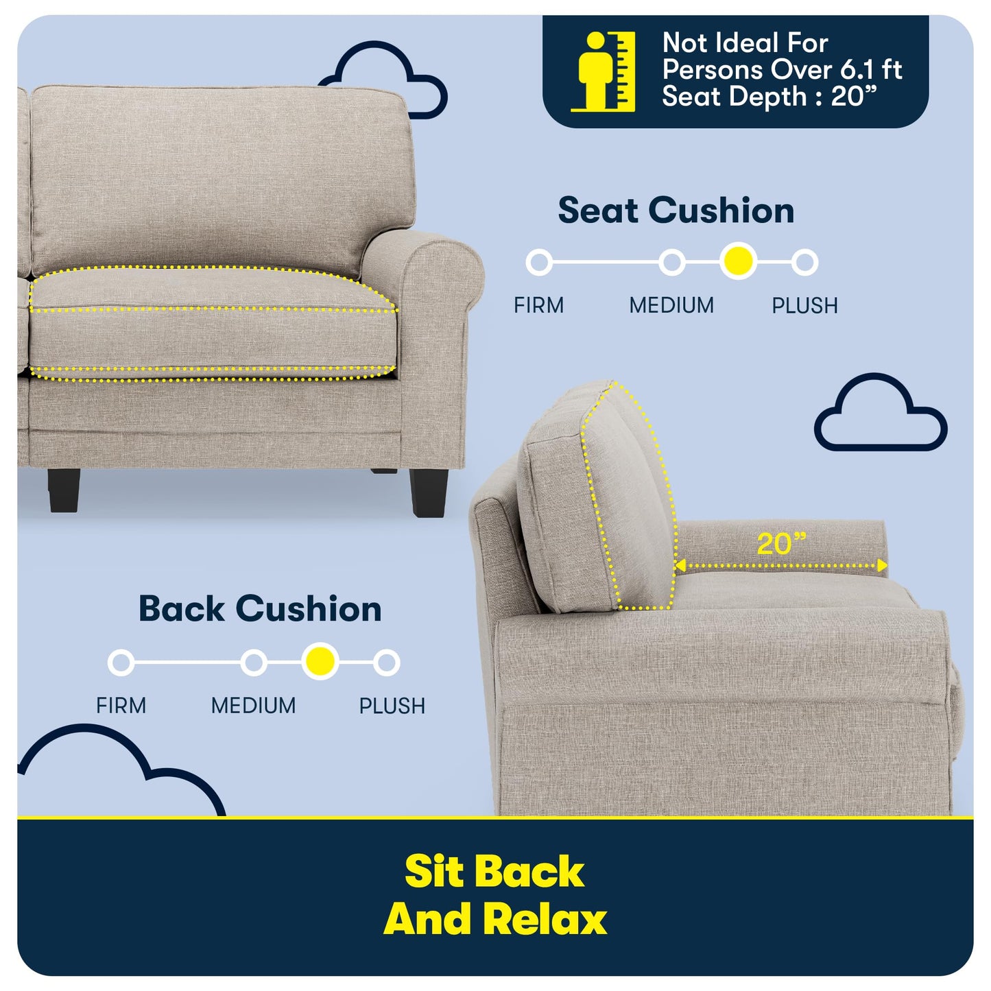Serta Copenhagen 73" Rolled Arm Sofa, Easy Care Polyester, Soft Pillow Back, Pocket Coil Seat Cushions, Removable Covers, Loveseat or Couch for Small Spaces, Living Rooms or Bedrooms, Light Gray