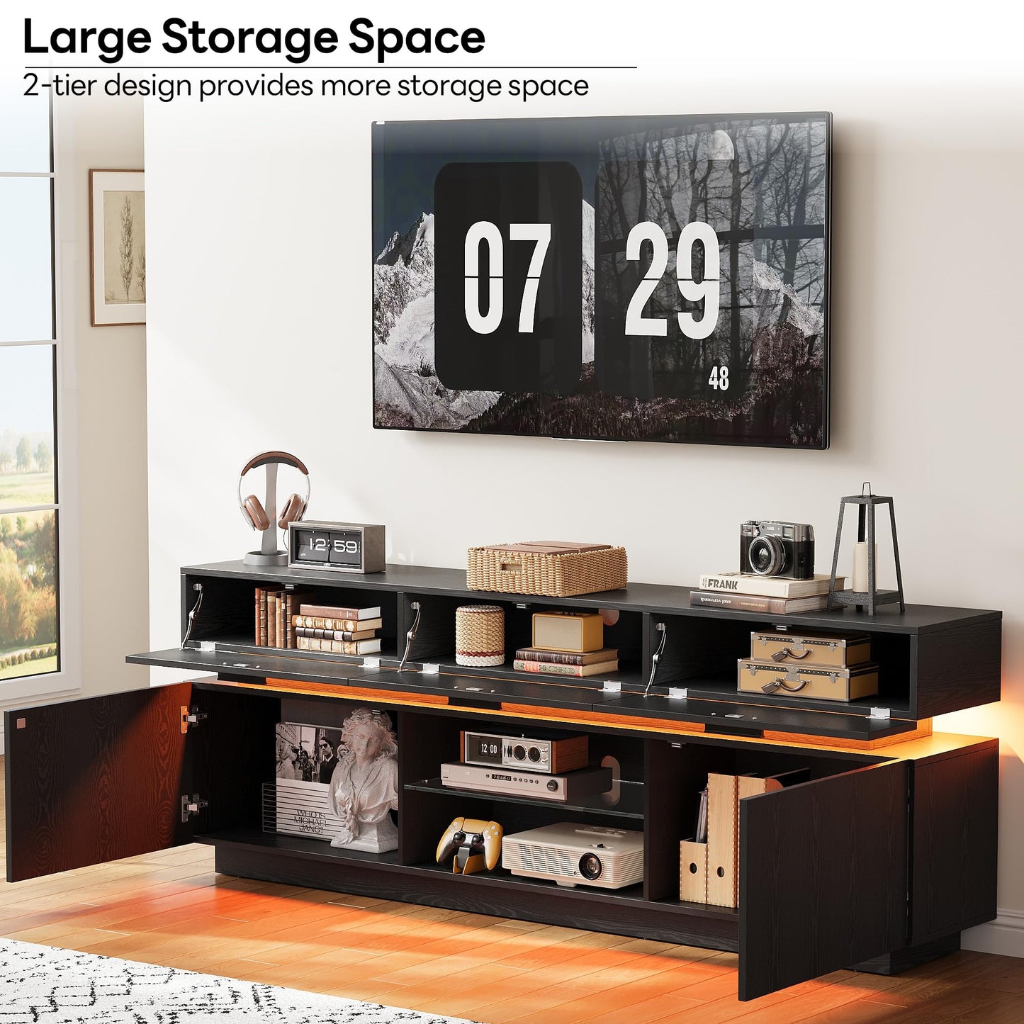 LIKIMIO Black TV Stand for TVs 85 inch, Entertainment Center with Power Outlets & LED Lights, TV Media Console Table with Cabinets, Drawers and Open Storage Shelves, Modern TV Stand for Living Room