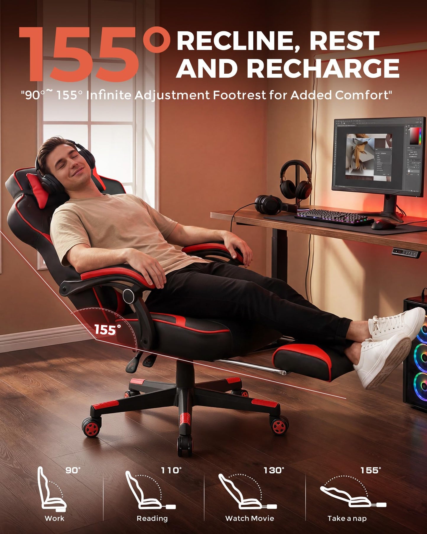 GTPLAYER Gaming Chair with Footrest, Big and Tall Game Chair 350lb Racing Style Computer Chair, Ergonomic Executive Office Chair High Back with Lumbar Support and Recliner, Red