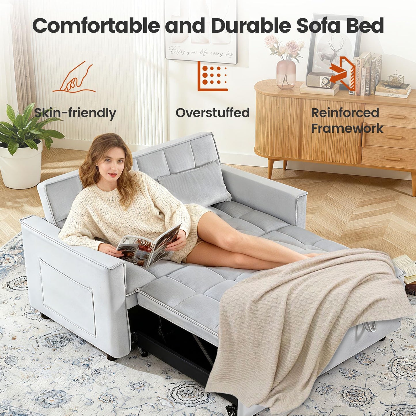 Trygoal 3 in 1 Convertible Sleeper Sofa Bed, Velvet Fabric Loveseat Sofa Bed with Adjustable Backrest & Large Side Pockets, Pull Out Couch for Small Spaces, Apartment, Living Room, Gray