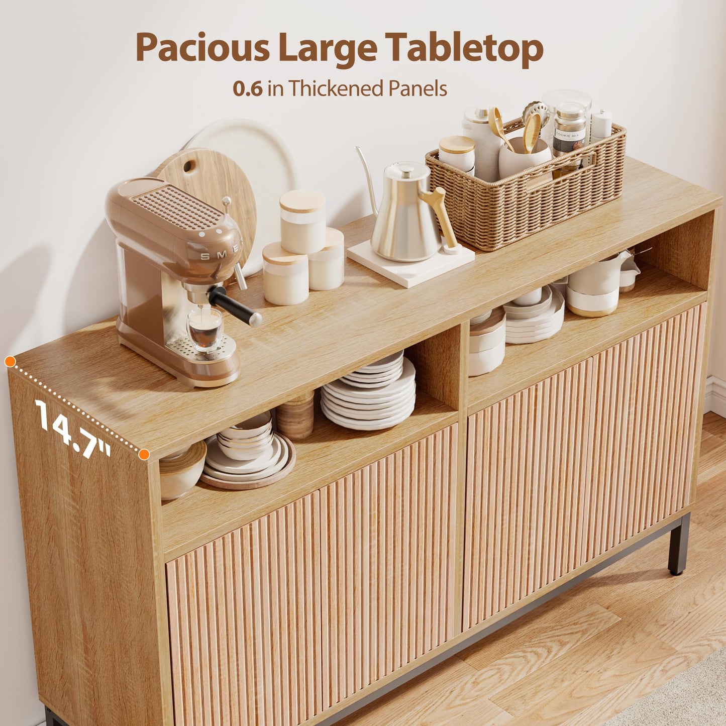Mericonia Farmhouse Buffet Sideboard Cabinet with Storage, Fluted Coffee Bar with Doors and Adjustable Shelves, Modern Wood Console Cabinet for Kitchen, Livingroom (Fluted 4 Door, Natural)