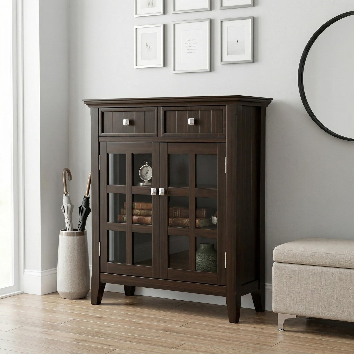 SIMPLIHOME Acadian Storage Cabinet - 36 inch Wide Solid Wood Entryway Storage Cabinet in Brunette Brown, Transitional Cabinet for Hallway or Living Room with 2 Drawers and Adjustable Shelves