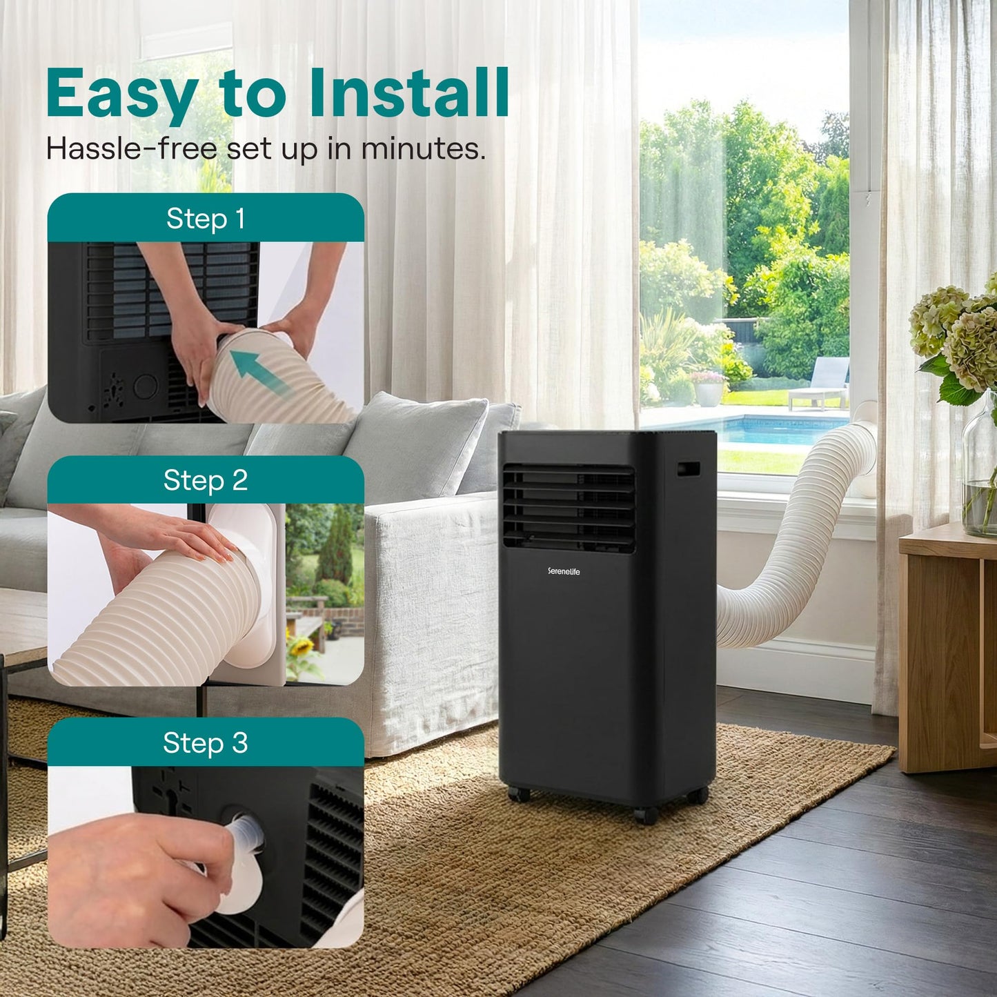 SereneLife 10,000 BTU Portable Air Conditioner, 115V Compact Room Air Conditioner with Dehumidifier & Fan 320Sq Ft Coverage, Window Mount Kit Included, Mini AC Unit for Bedroom, Office, or Home, Black