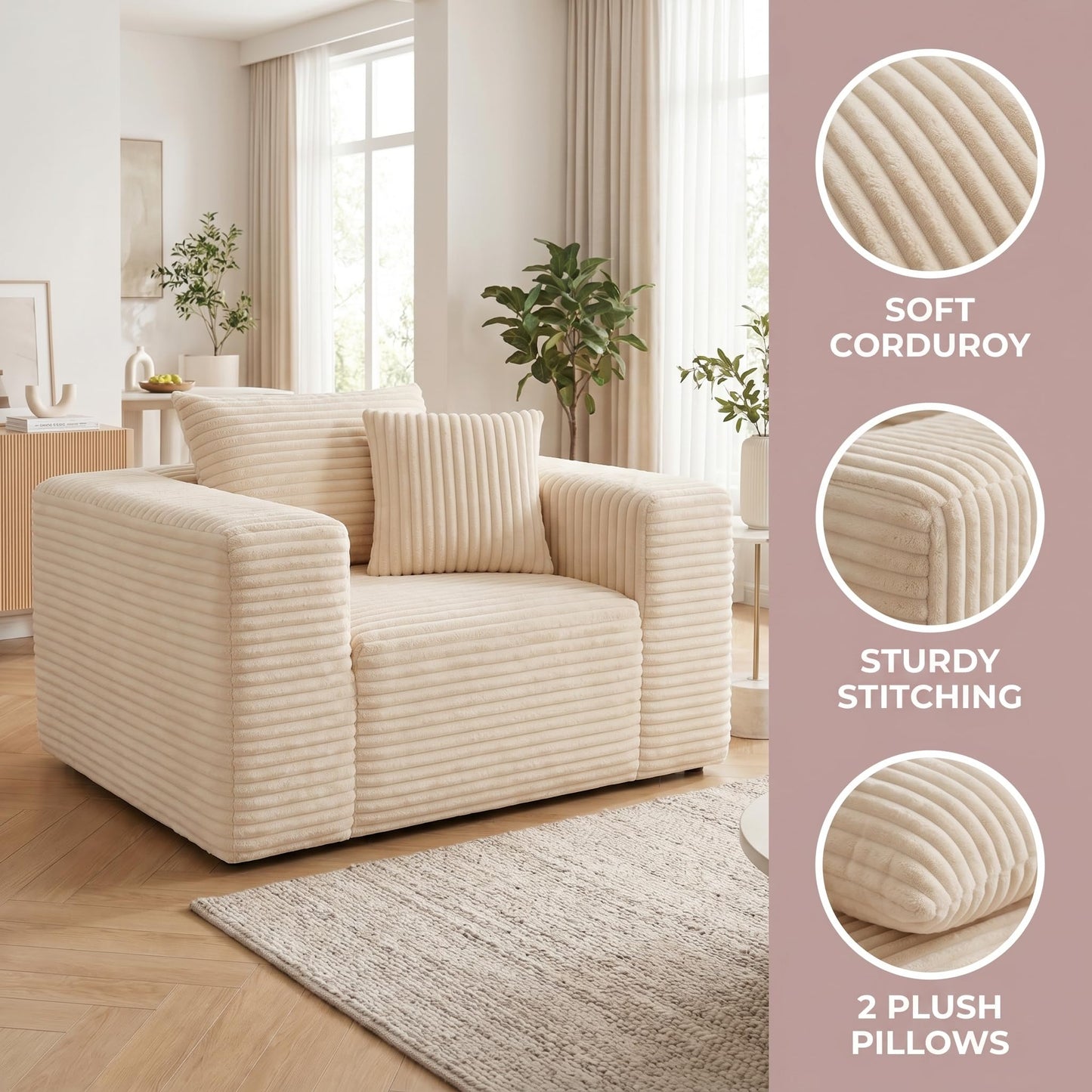 Trygoal Boneless Single Sofa Chair for Adult, Corduroy Cloud Lounge Chair with 2 Pillows & Wide Armrests, High-Density Foam Reading Couches for Living Room & Office, No Assembly Required, Beige