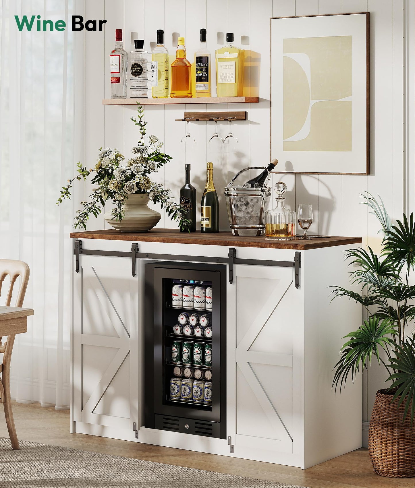 Lamtor Coffee Bar Cabinet with Storage - 53" Farmhouse Coffee Bar with Barn Doors, Mini Fridge Cabinet with Power Outlet for Kitchen Dining Room Living Room, White