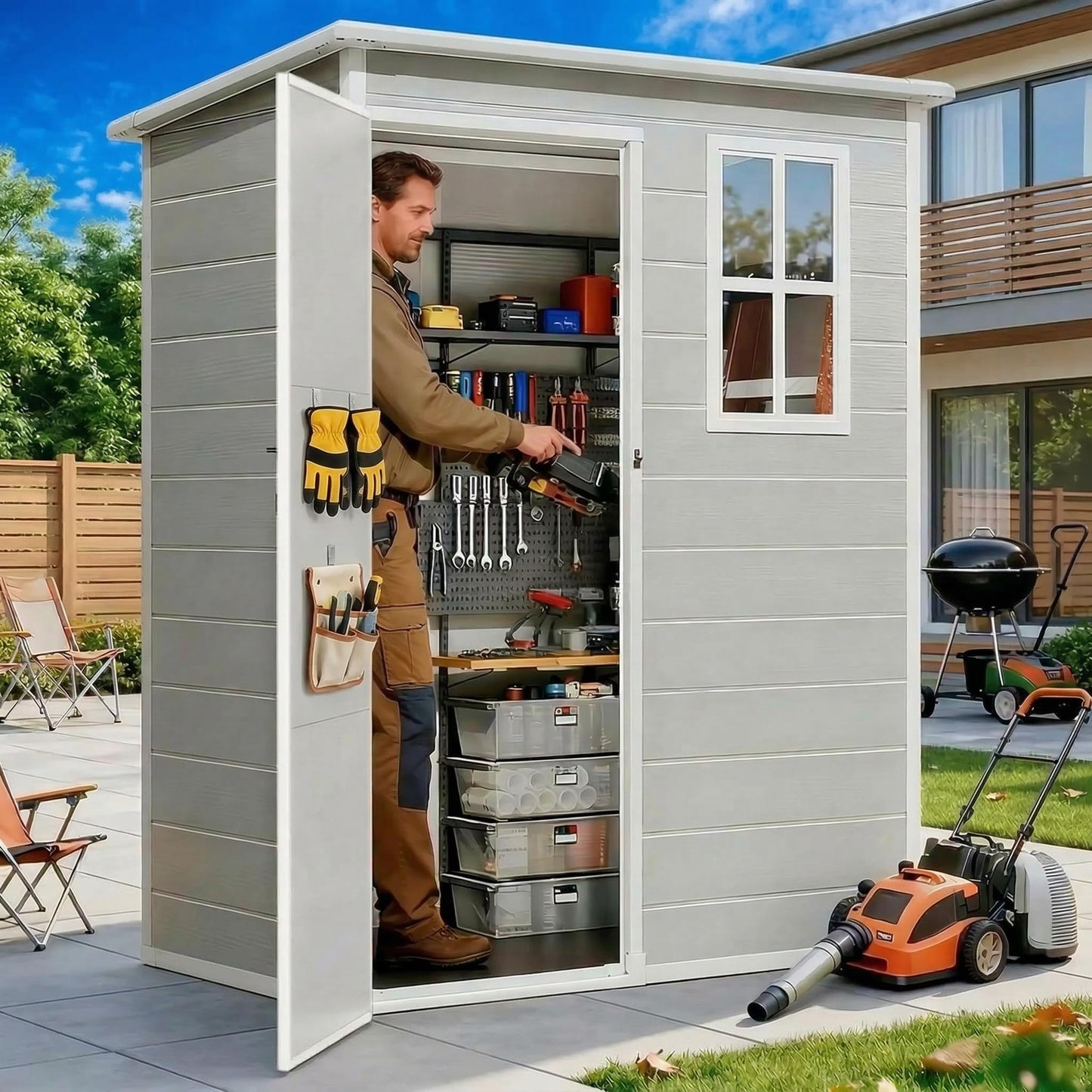 Gizoon 5x3 FT Resin Outdoor Storage Shed, Weather-Resistant Plastic Garden Tool Shed with Floor and Lockable Door for Backyard, Patio, Lawn, Grey