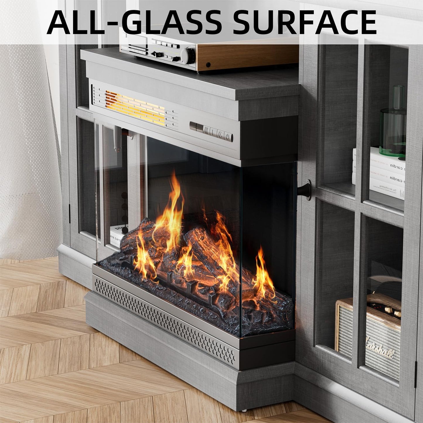 YESHOMY Glass Fireplace TV Stand for Televisions up to 65", Media Entertainment Center Console Table with Doors Closed Storage, Grey Wash