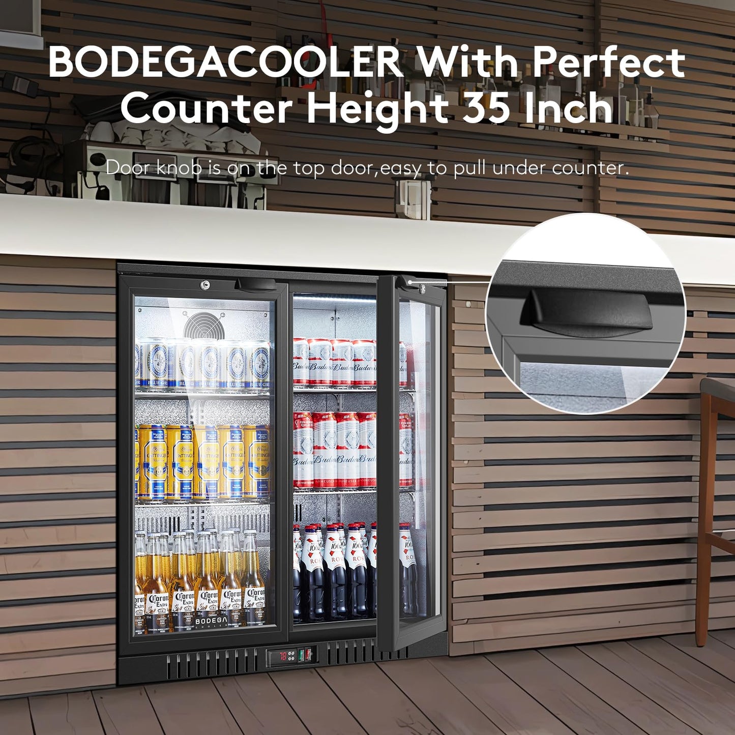 BODEGACOOLER 35.4 Inch Under Counter Beverage Refrigerator, 2 Door Back Bar Cooler, Dual Zone 32–50°F, 7.4 Cu.Ft Built-in or Freestanding Glass Door Fridge with LED Lighting, Holds 216 Cans/62 Bottles
