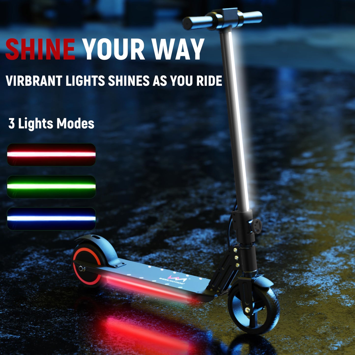 WEELMOTION Foldable Electric Scooter for Kids, Bright Front Lights, Shining Pedal Lights, LED Display, Dual Brakes 150W Motor Kids Electric Scooter, UL2272 Certified，Classic Black