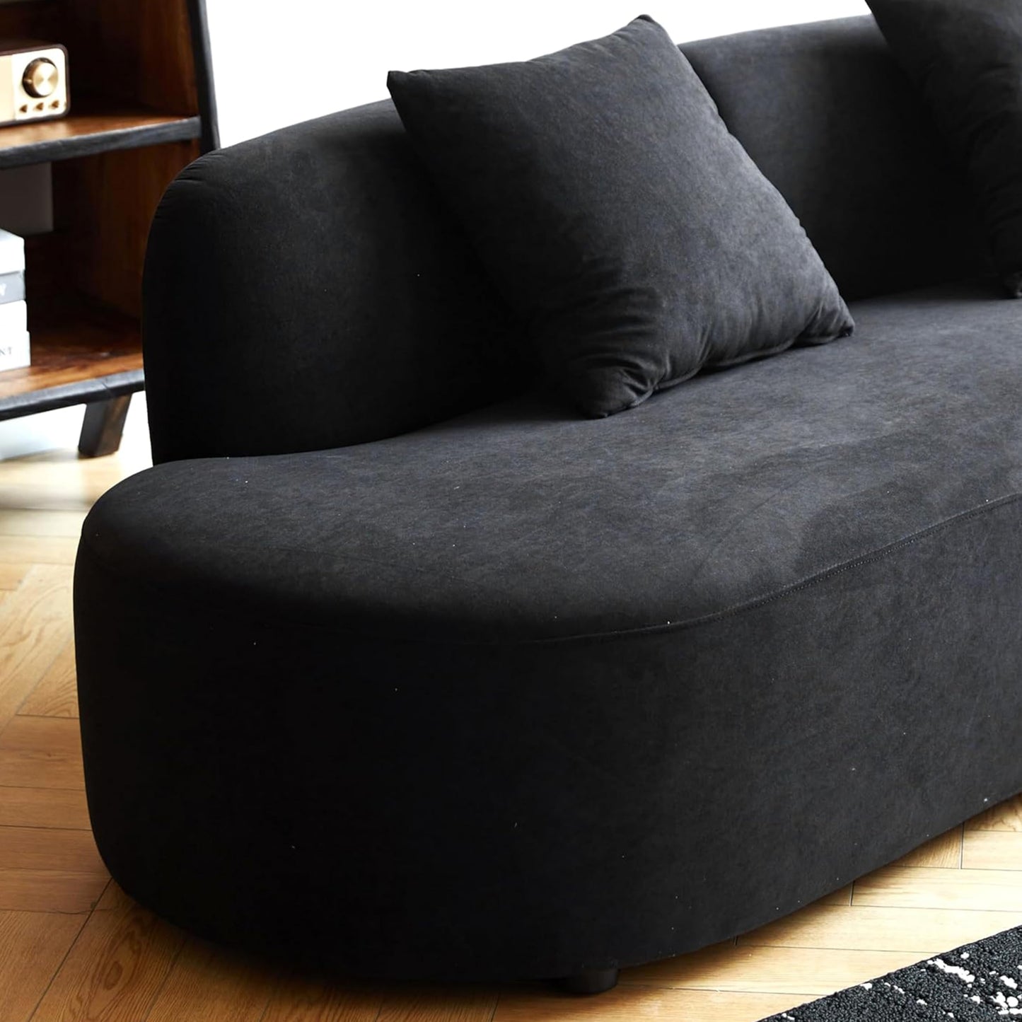 Container Furniture Direct 90" Curved Sofa with Throw Pillows, 4 Seater Luxury Velvet Couch with Half Moon Design and High-Density Foam, Ideal for Modern Living Room, Office & Apartment, Black