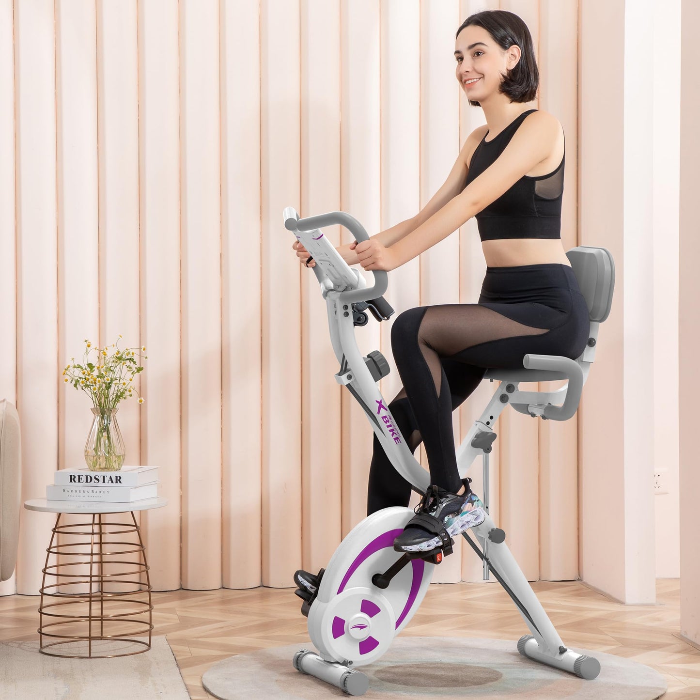 leikefitness Folding Stationary Bike Recumbent Exercise Bike w/Arm Resistance Bands-Pulse Sensor-LCD Monitor and Easy to Assemble Indoor Cycling Bike 2280 (PURPLE)