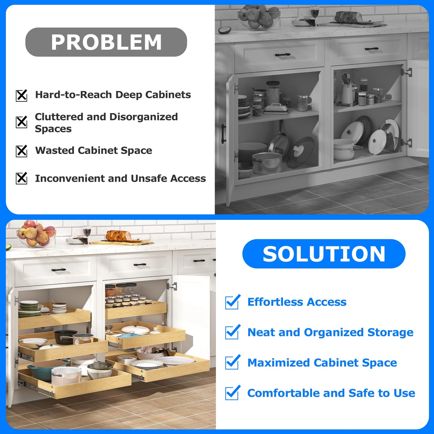 WelFurGeer 3-Tier Pull Out Cabinet Organizer with Soft Close, Heavy-Duty Pull Out Drawers for Cabinets, Slide Out Shelf for Kitchen, Pantry, Bathroom & Under Sink, Solid Birch Wood