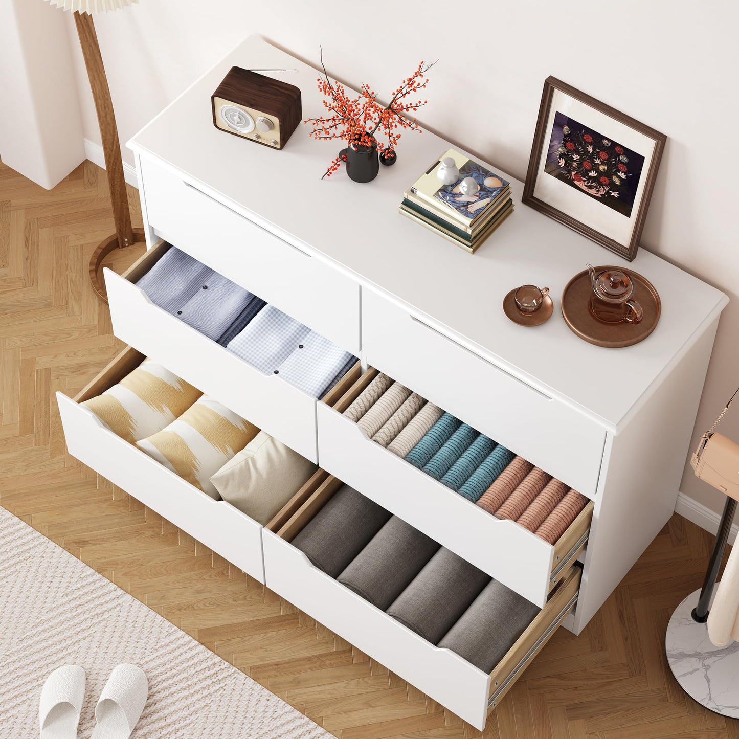 Gizoon 6 Drawer Double Dresser for Bedroom with Anti-Tip Design, Modern Wide Wooden Chest of Drawers with Cut-Out Handles, Closet Storage Organizer and TV Stand for Living Room, Hallway, Entryway