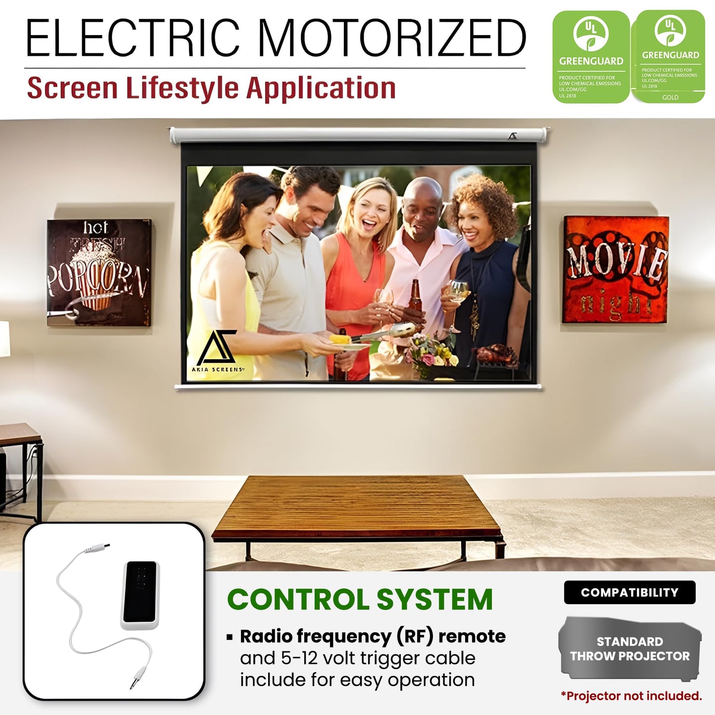 Akia Screens 104" Motorized Projector Screen 4:3 – Electric Drop Down with Remote, 8K/4K HD & 3D Ready, Ceiling or Wall Mount – AK-MOTORIZE104VW