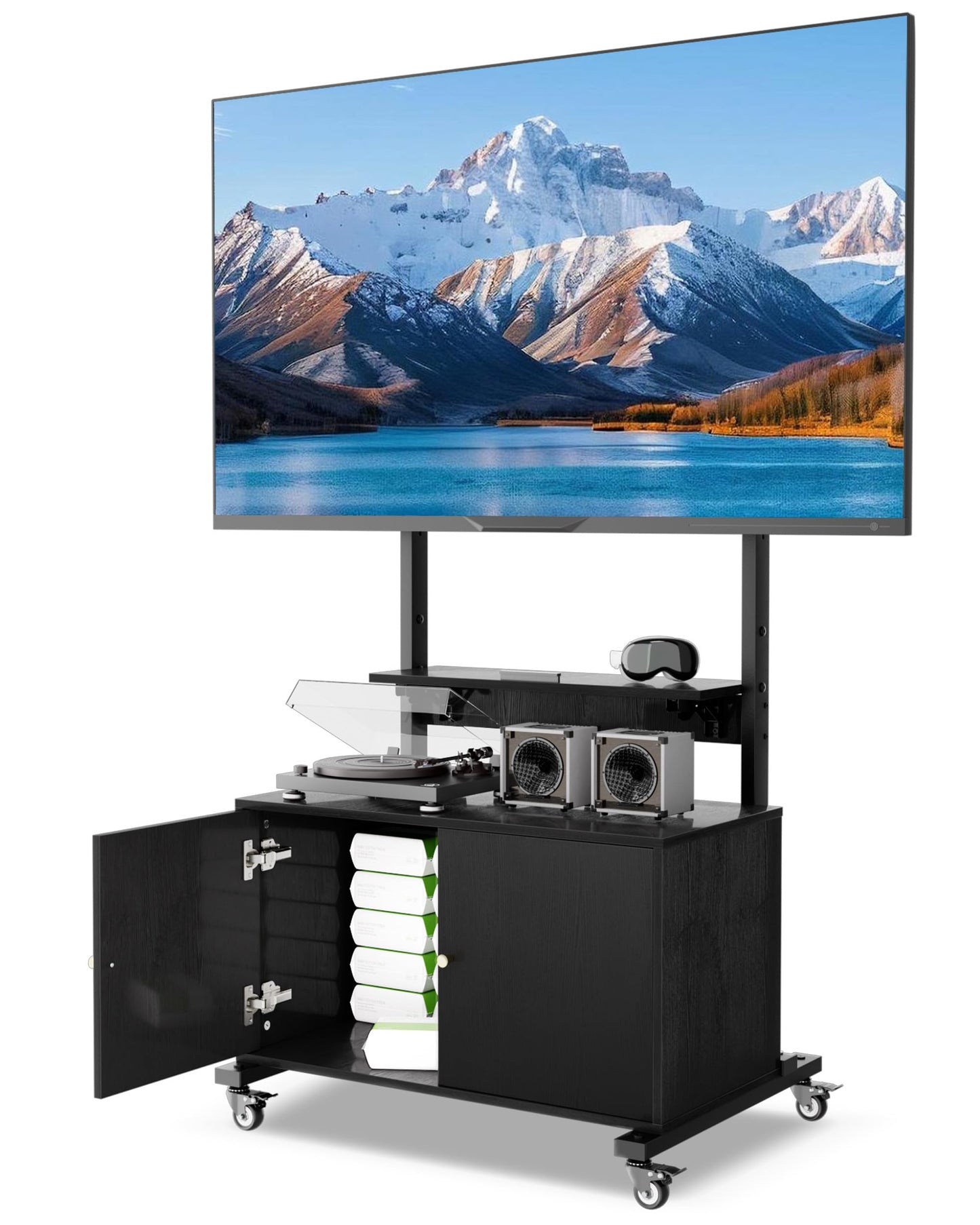 Rolling TV Stand with TV Mount,TV Floor Stand with Storage Cabinet for 32-75in Screen,Mobile TV Stand on Wheels with Foldable Table,Height Adjustable,Entertainment Center for Outdoor and Living Room