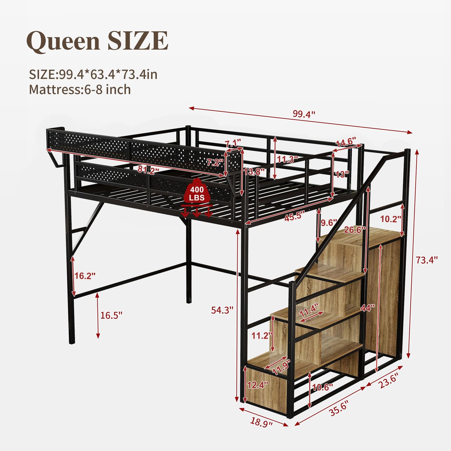 FAVSH Queen Size Metal Loft Bed with Reversible Stairs and LED & USB Port