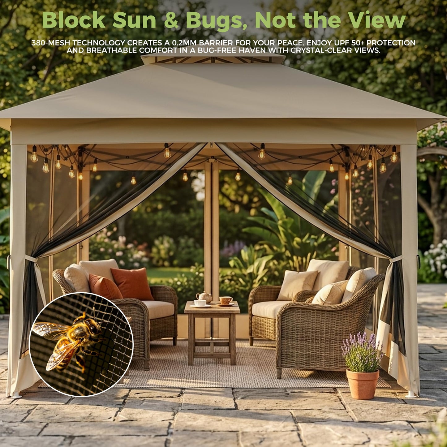 Solaroxy 10' x 10' Pop Up Gazebo Tent, Outdoor Screen Canopy Shelter, Instant Patio Sun Shade Gazebo Tent with 2 Tiers Roof & Mesh Netting for Garden, Lawn, Backyard, Party, Beige