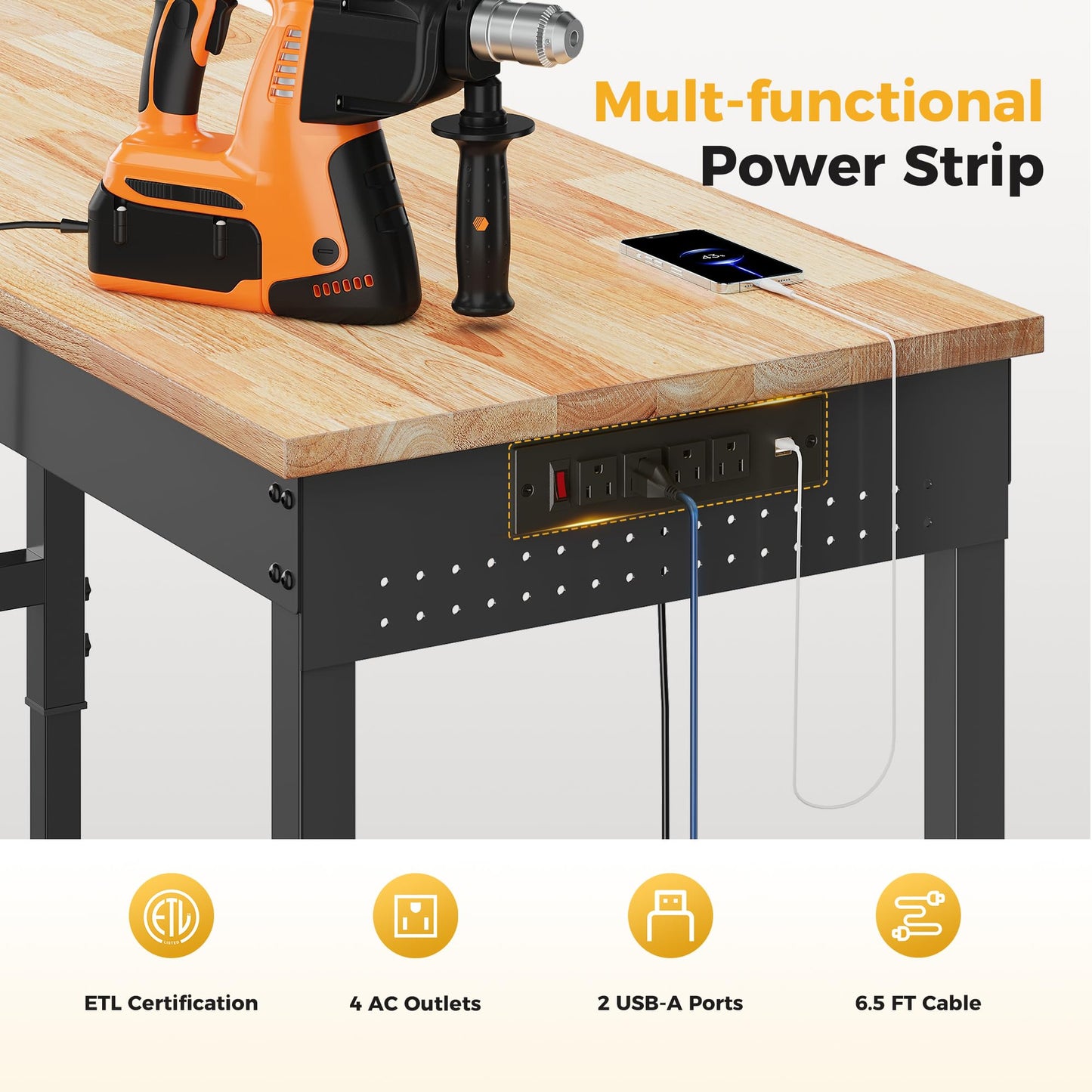 CAMMOO 60" Adjustable Heavy Duty Workbench, 2000 LBS Load Capacity Rubber Wood Work Table with Pegboard, Power Outlets, Work Bench for Garage, Workshop, Office, Home, Commercial