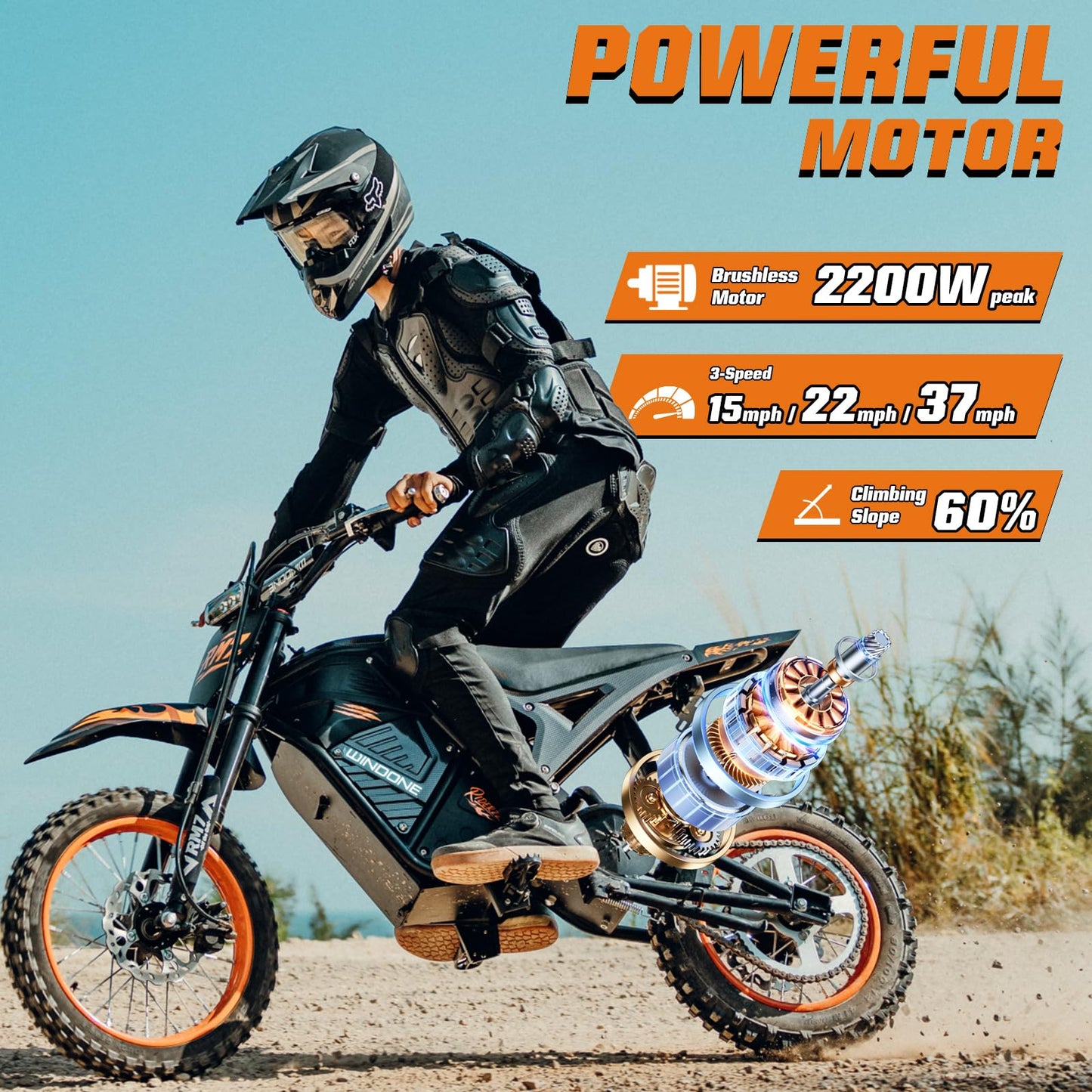 Windone RM7 Electric Dirt Bike for Teens Adults, 48V 22.5Ah Up to 37MPH & 45-Mile Electric Motorcycle, 2200W Ebike, 14"/12" Off-Road Tire E-Bike, Dual Hydraulic Brakes, Full Suspension, Graffiti