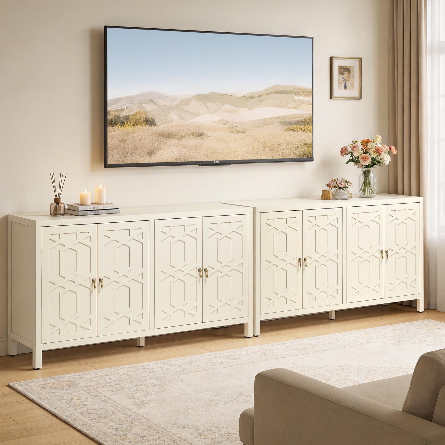 FansaFurn 60'' Buffet Cabinet with 4 Doors, Modern Wood Sideboard with Adjustable Shelves, Painted Coffee Bar Table Credenza Storage Cabinet for Living Room, Dining Room, Beige