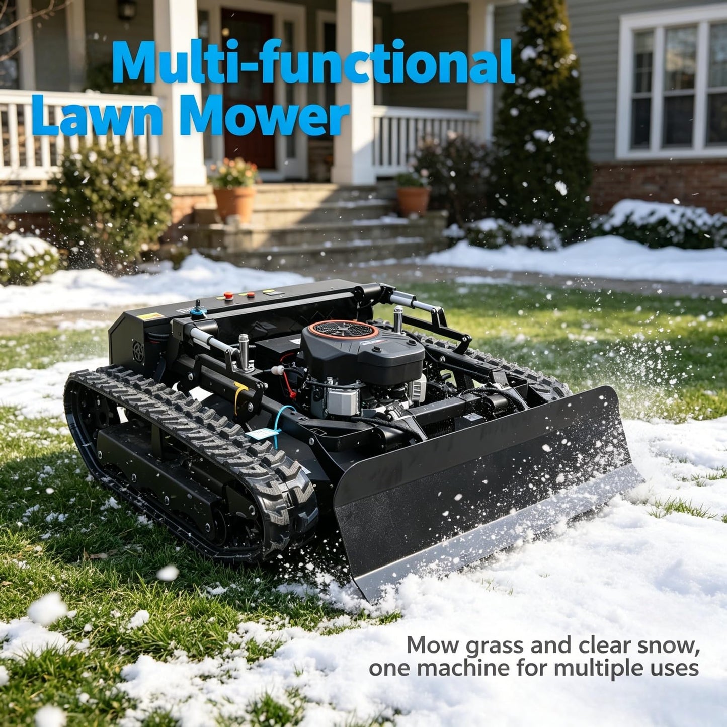 Remote Control Lawn Mower, 25HP Oil-Electric Hybrid Crawler Track Mower,100m Range, 35" Cutting Width, Adjustable Height RC Robotic Lawn Mower for Slope Climbing with Snowplow (gey)