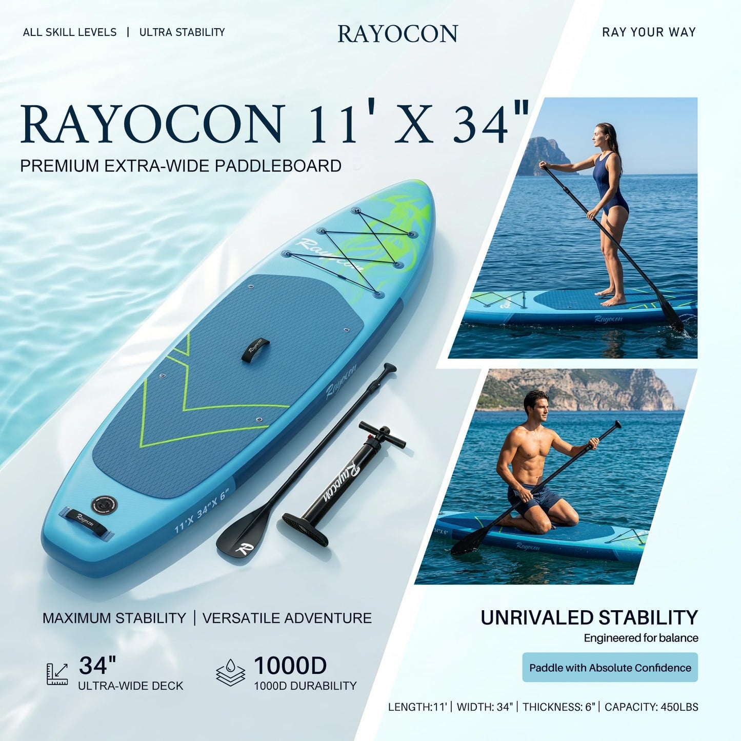 Inflatable Stand Up Paddle Board 11'×34" Extra Wide SUP, Ultra-Stable for Adults & Dog, 450lbs, Dual Chamber Pump, Fiberglass Paddle, Military Grade Dual Layer, Jellyfish Flow Design（Green）