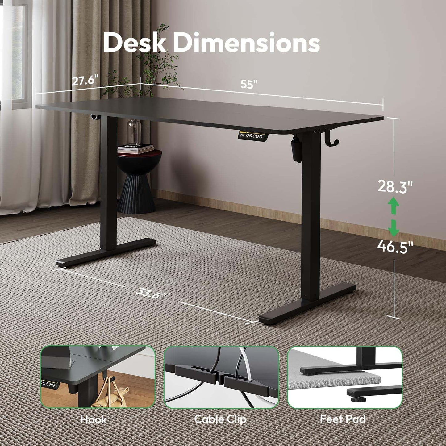 Gamork Large Electric Standing Desk,55x28 Inches Adjustable Height Stand up Desk, Sit Stand Home Office Desk, 3 Preset Heights,Equipped with Hooks,Ergonomic Computer Desk Workstation，Black